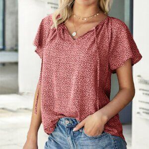 Women's Red & White Flowy Short Sleeve V Neck Ruffle Blouse Lined Size Large
